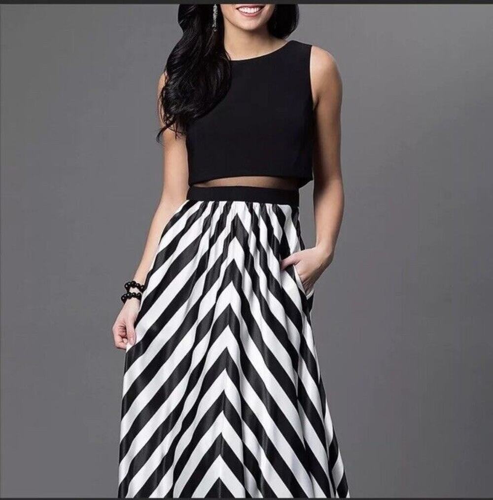 BETSY ADAM SHEER WAIST FORMAL MIDI DRESS, SIZE 4, BLACK & WHITE CHEVRON BOTTOM
